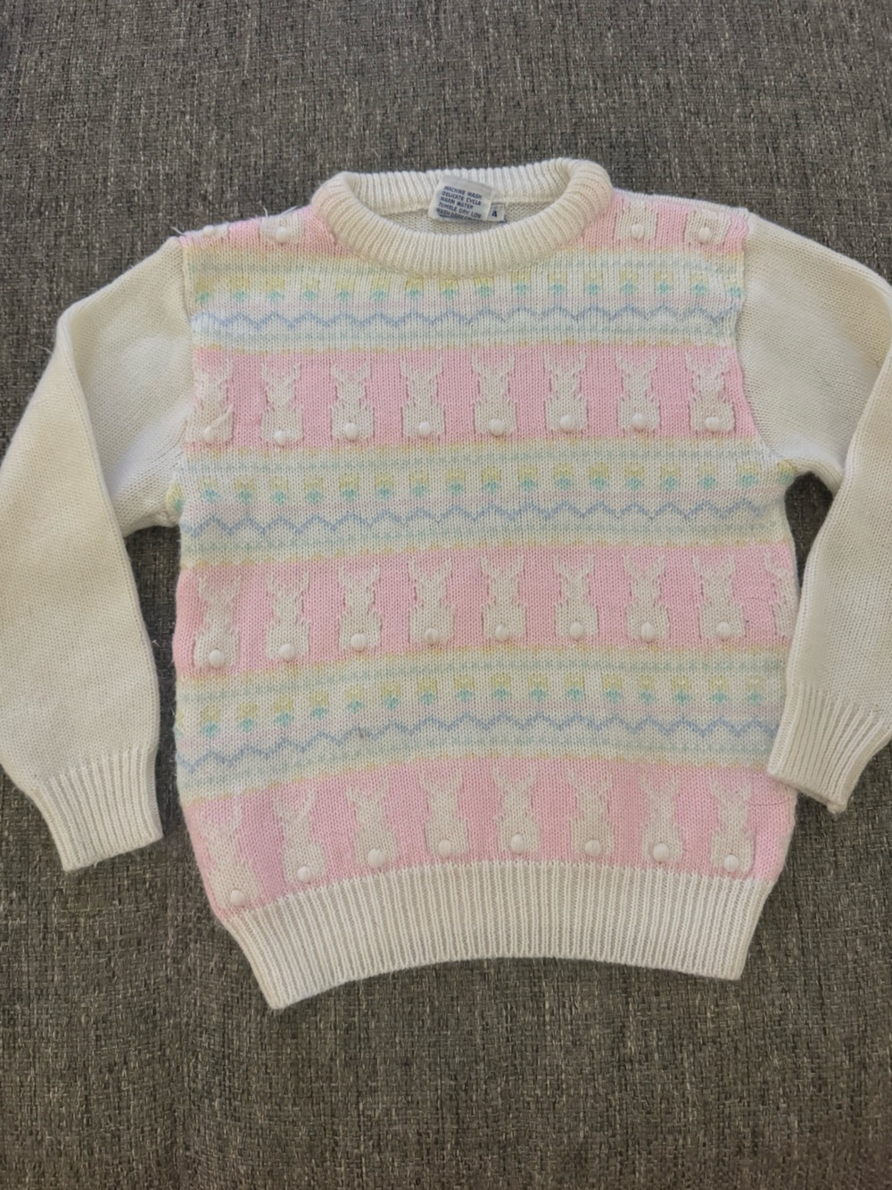 VTG Kids Count Pastel Bunny Knit Pom Pom Sweater Size 4